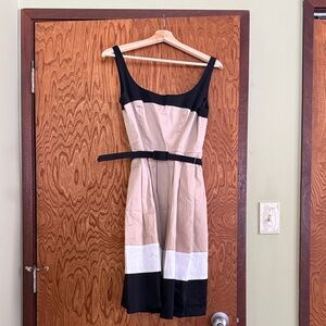 Chic Colorblock Midi Dress in Black, Tan, and White